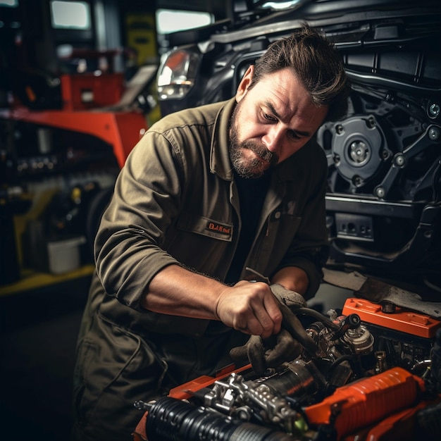 Professional car mechanic at work repairing car engine