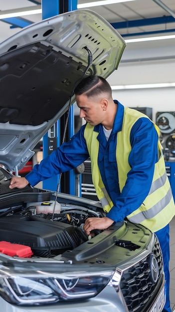 Professional car mechanic working under car hood in repr garage closing or opening the hood workin