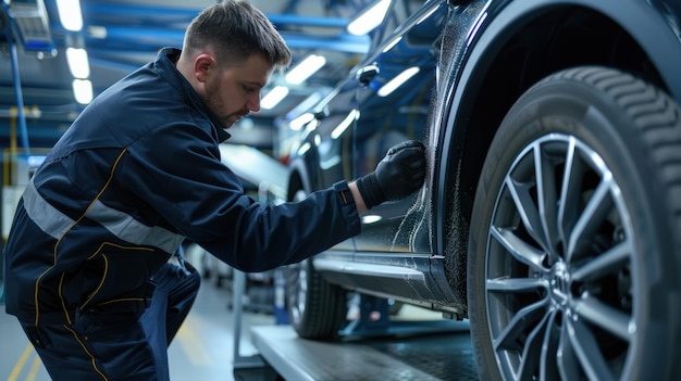 Photo professional car mechanic working on vehicle body in a dealership workshop