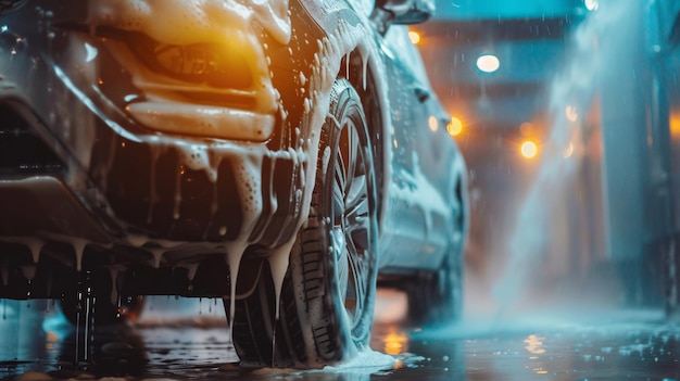 Professional car wash at night with highpressure water