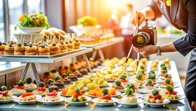 Professional Caterer Arranging Glossy Appetizers for World Food Day Buffet Banquet Hall Setup