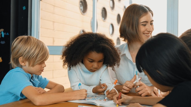 Professional caucasian teacher telling story to diverse student erudition