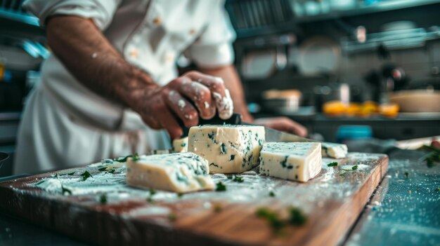 Photo professional chef carefully presenting gourmet blue cheese on wooden board in kitchen