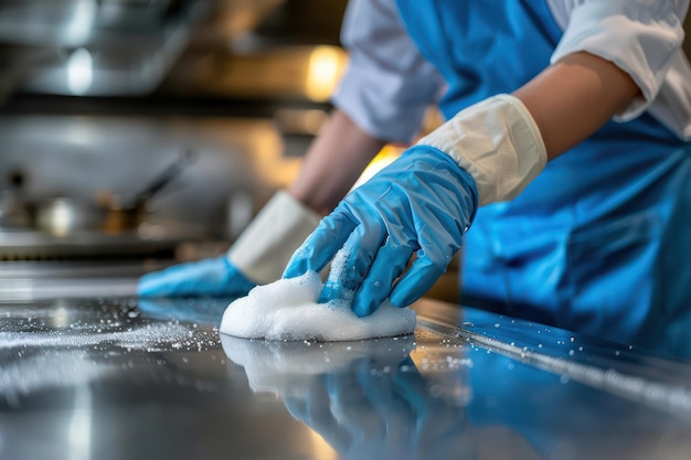 Professional Chef Demonstrates Meticulous Hygiene Practices While Cleaning Kitchen Countertop Food