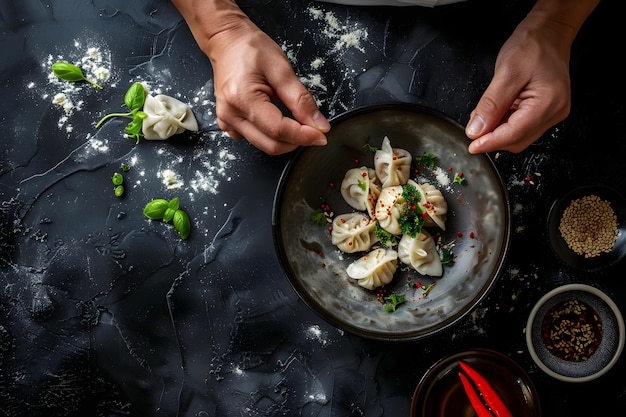 Professional chef hands preparing steamed or boiled dumplings in a bowl