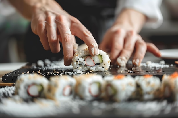 Professional chef hands preparing Sushi maki rolls and arrange fine dining