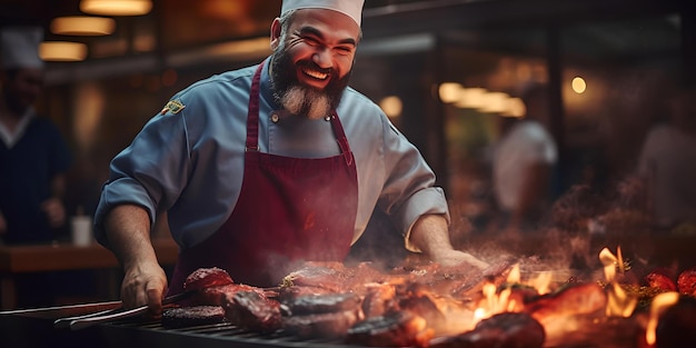 Professional chef joyfully grilling steaks in a bustling restaurant kitchen culinary expertise and hospitality captivating food photography AI