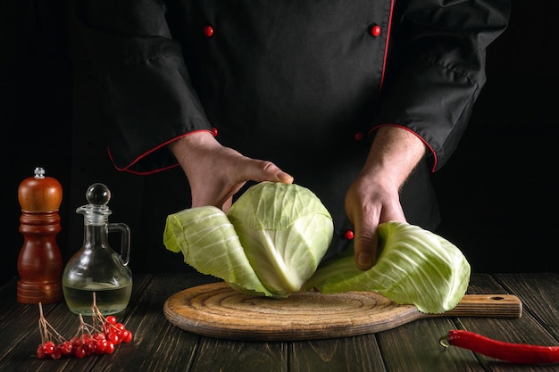 Professional chef makes a fresh cabbage salad Preparation for slicing in the kitchen