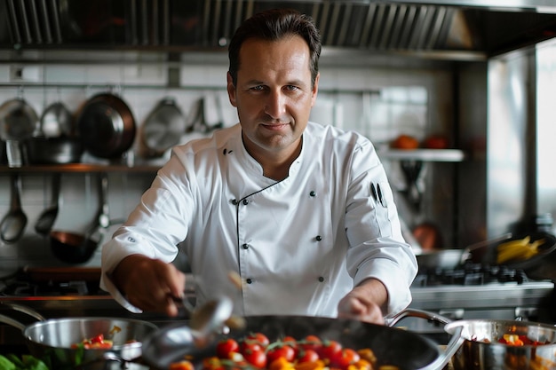 Photo a professional chef making dish in the kitchen