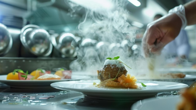 Professional Chef Plating Exquisite Dish in a Bustling Restaurant Kitchen