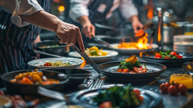 Professional Chef Plating Exquisite Dish in a Bustling Restaurant Kitchen