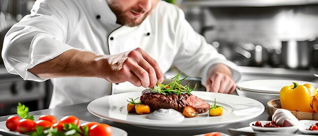 Photo professional chef plating gourmet dish adding garnish in wellequipped kitchen