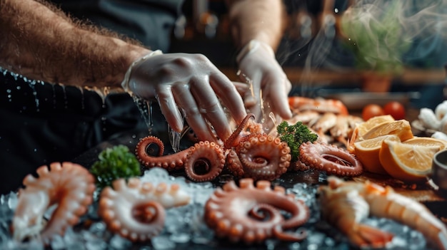 A professional chef prepares assorted seafood octopus shrimp and pieces of red fish Seafood in frozen flight on a black background Sea food Healthy food vegetarian food