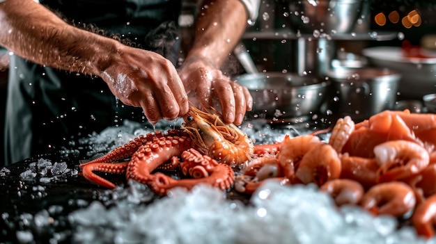 A professional chef prepares assorted seafood octopus shrimp and pieces of red fish Seafood in frozen flight on a black background Sea food Healthy food vegetarian food