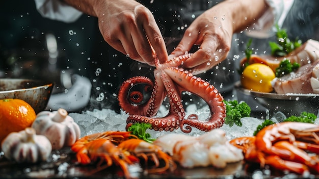 A professional chef prepares assorted seafood octopus shrimp and pieces of red fish Seafood in frozen flight on a black background Sea food Healthy food vegetarian food