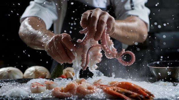 A professional chef prepares assorted seafood octopus shrimp and pieces of red fish Seafood in frozen flight on a black background Sea food Healthy food vegetarian food