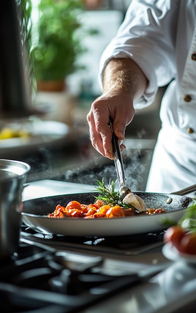 Professional Chef Preparing Dinner in Restaurant Kitchen