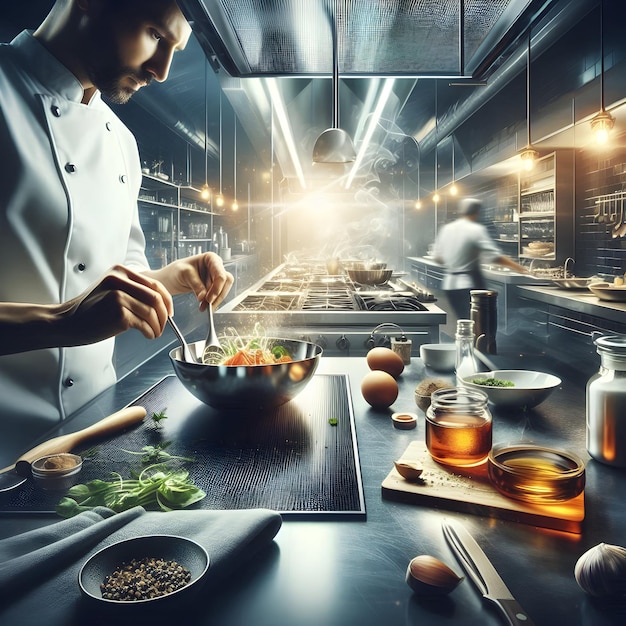 Photo professional chef preparing dish in highend kitchen stock photo concept