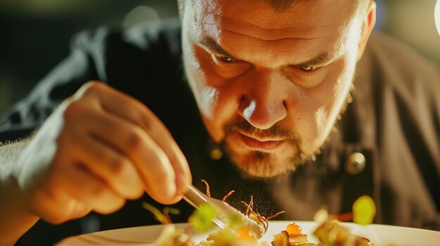 Photo professional chef preparing and garnishing main dish in modern kitchen aig