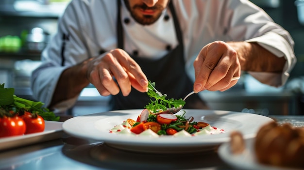 Professional chef preparing and garnishing main dish in modern kitchen aig