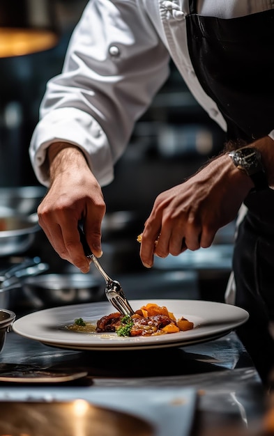 Professional Chef Preparing Gourmet Meal in Kitchen