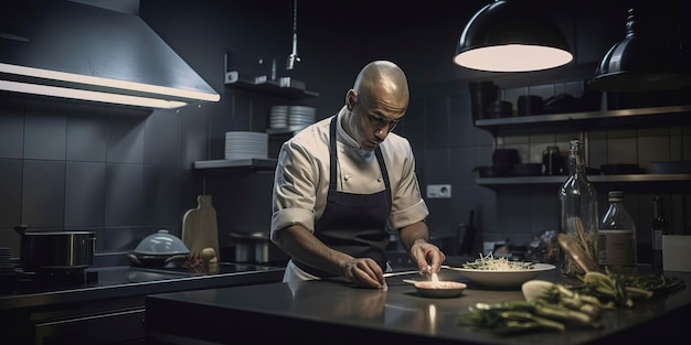 Professional chef preparing a meal in a kitchen focus on person shallow depth of field