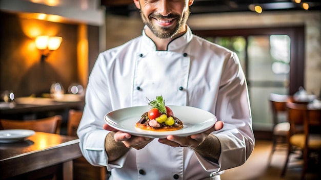 Photo professional chef presenting gourmet dish in restaurant setting