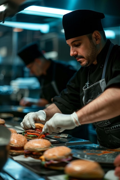 Photo professional chef skillfully prepares delicious meat cutlet burgers in a busy kitchen