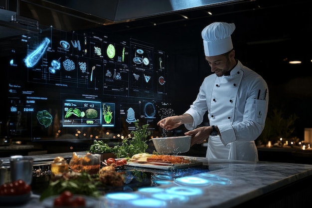 A professional chef skillfully prepares gourmet dishes in a modern kitchen The hightech setting is enhanced by digital screens Explore culinary innovation Generative AI