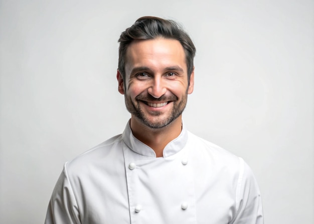 Photo professional chef smiling in white uniform on clean white background for culinary and branding design