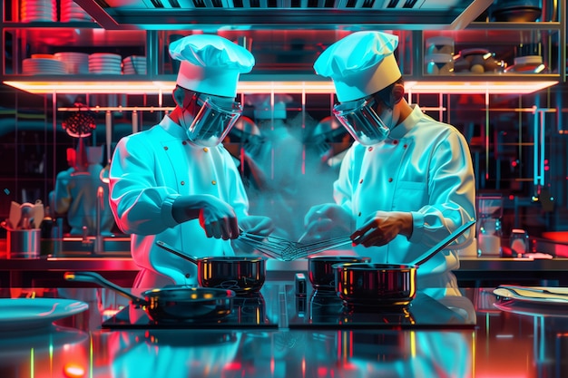 Professional chef wearing uniform cooking in futuristic restaurant kitchen Illuminated by vibrant