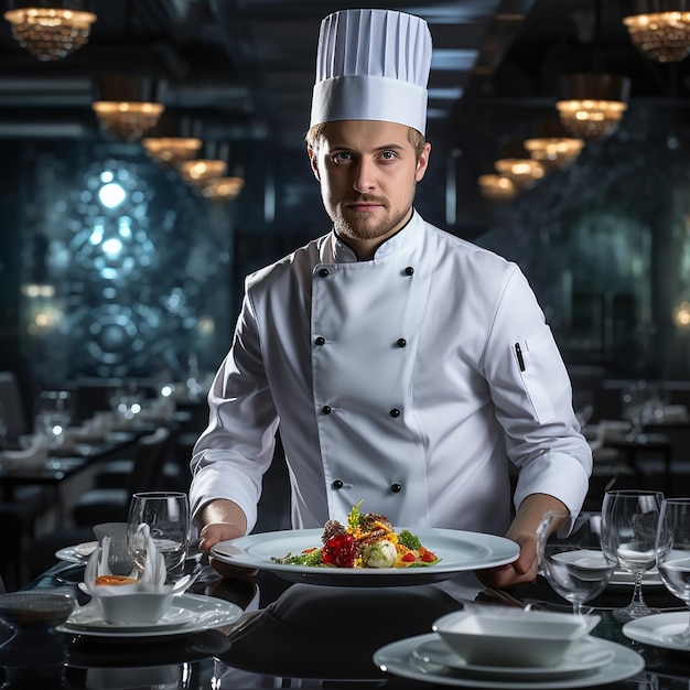 Professional chef workplace at cuisine of restaurant Close up view of man hand stirring soup