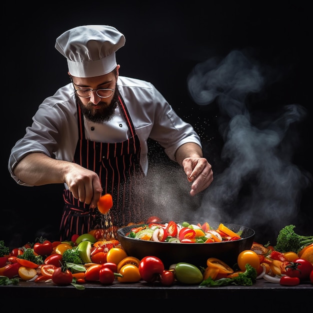 Professional chef workplace at cuisine of restaurant Close up view of man hand stirring soup