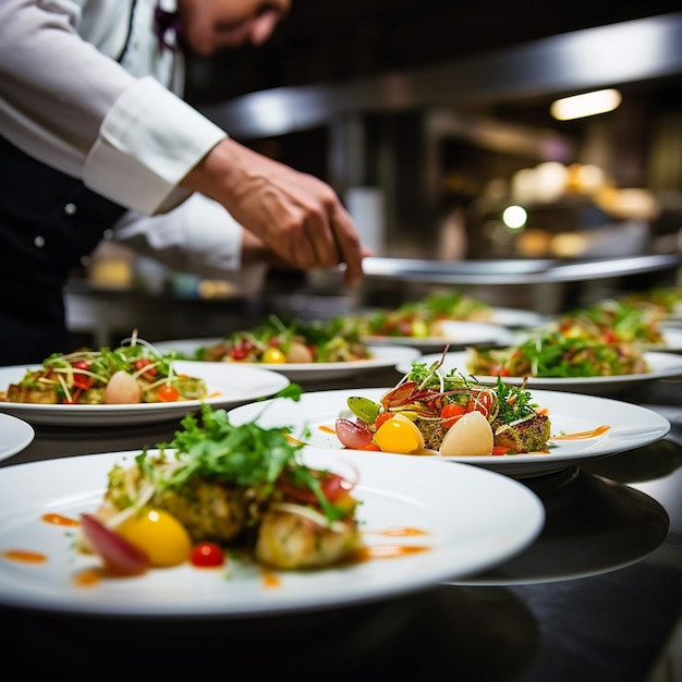 Professional chef workplace at cuisine of restaurant Close up view of man hand stirring soup