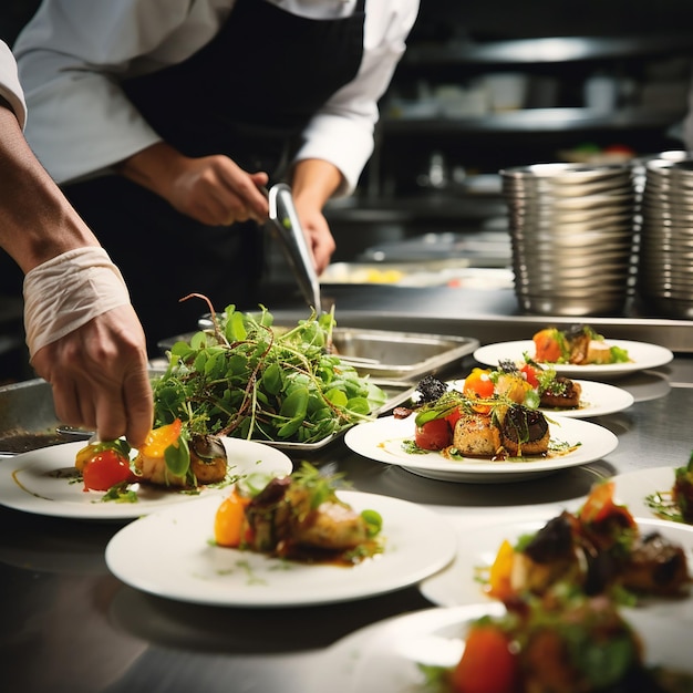 Professional chef workplace at cuisine of restaurant Close up view of man hand stirring soup