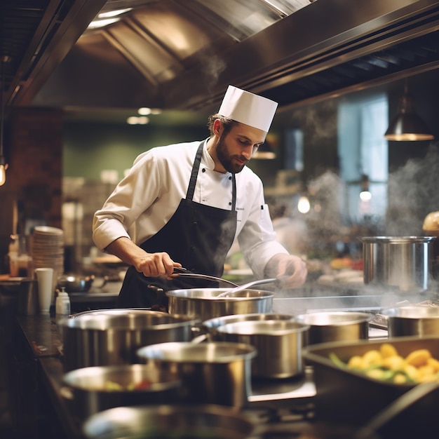 Professional chef workplace at cuisine of restaurant Close up view of man hand stirring soup