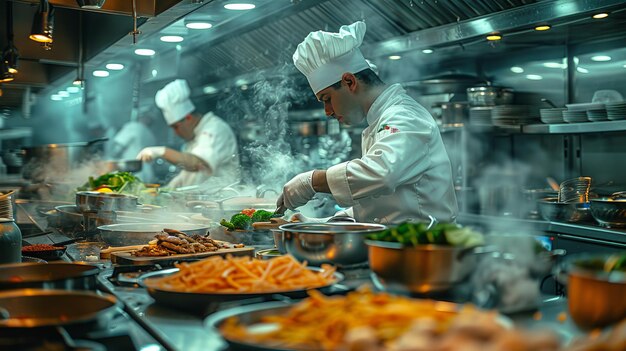 Professional chefs in white uniforms cooking various dishes in a busy steamy kitchen with an array of ingredients