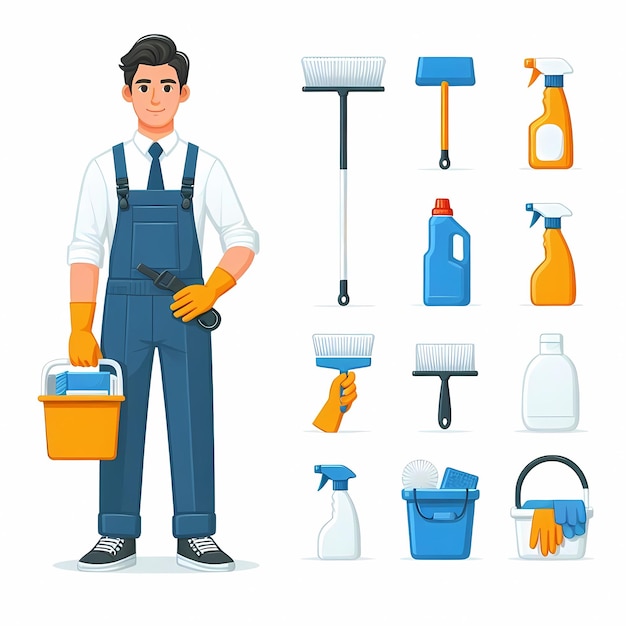 Professional cleaner doing cleaning works modern flat vector illustration