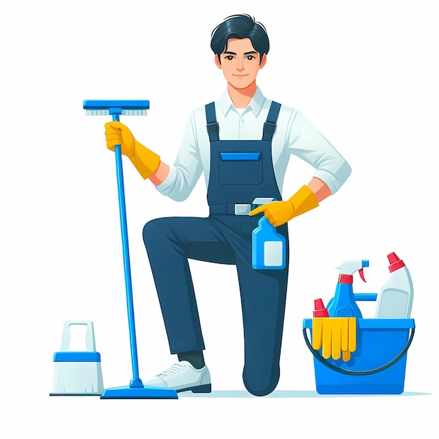 Professional cleaner doing cleaning works modern flat vector illustration