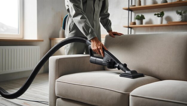 Professional cleaner using a washing vacuum cleaner to clean a upholstered couch