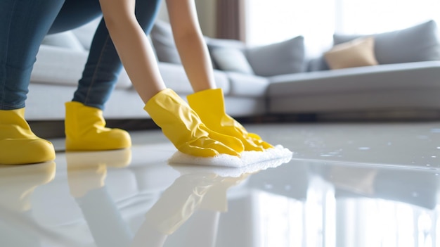 Professional cleaner washing white floor