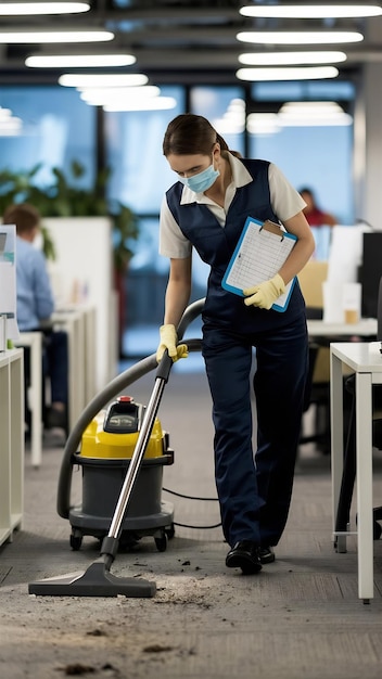 Professional cleaning service person using vacuum cleaner in office