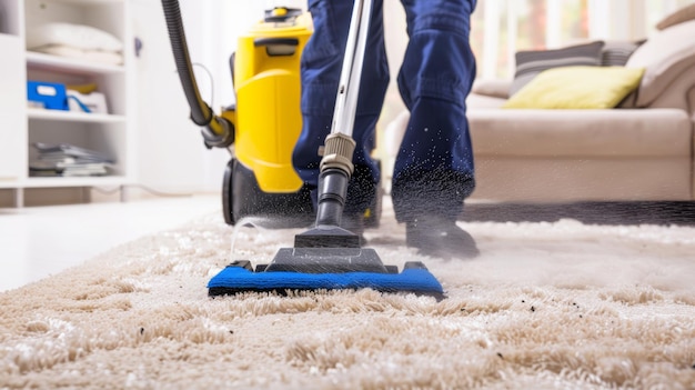 Professional cleaning service vacuuming a shag rug Closeup of vacuum cleaner in action on soft carpet Concept of home cleaning maintenance janitorial work and housekeeping service