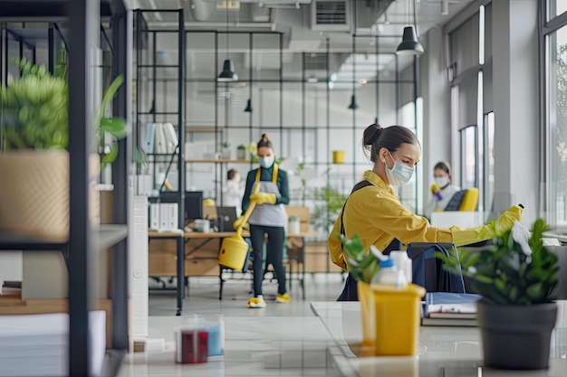 Photo professional cleaning staff in welllit office with wooden furniture