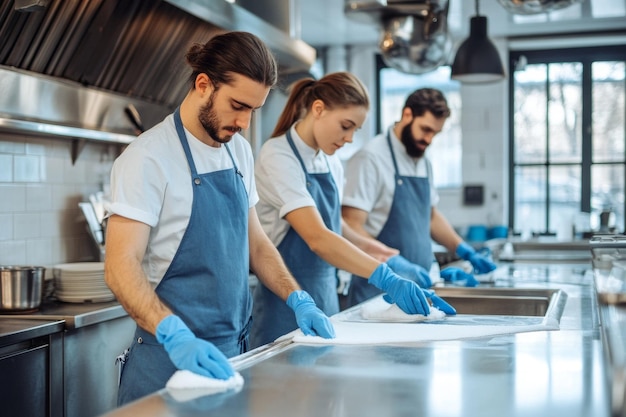 Photo a professional cleaning team working in a restaurant kitchen three people wearing blue overalls and white shirts and blue gloves are cleaning the kitchen table