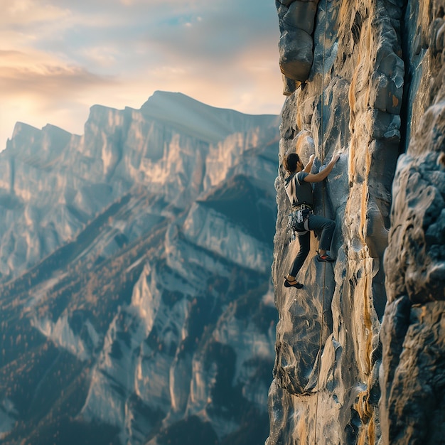 A professional climber scaling a challenging rock face The climbers muscles are taut with effort