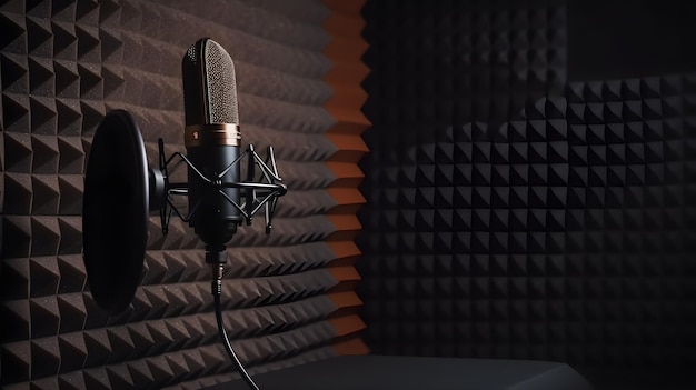 Professional condenser microphone on the background of silencers