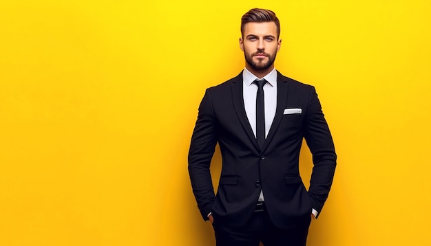 Photo a professional confident man wearing black suit looking at camera on yellow background