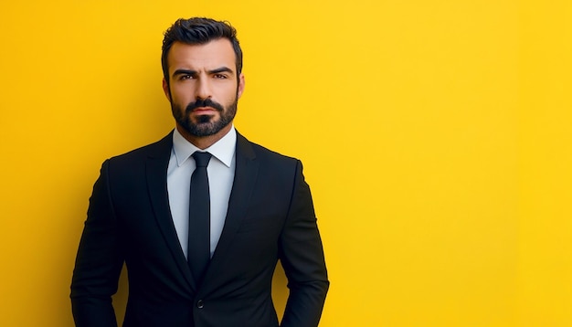 Photo a professional confident man wearing black suit looking at camera on yellow background