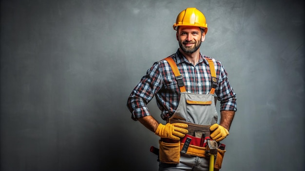 Photo professional construction worker with tool belt on grey background